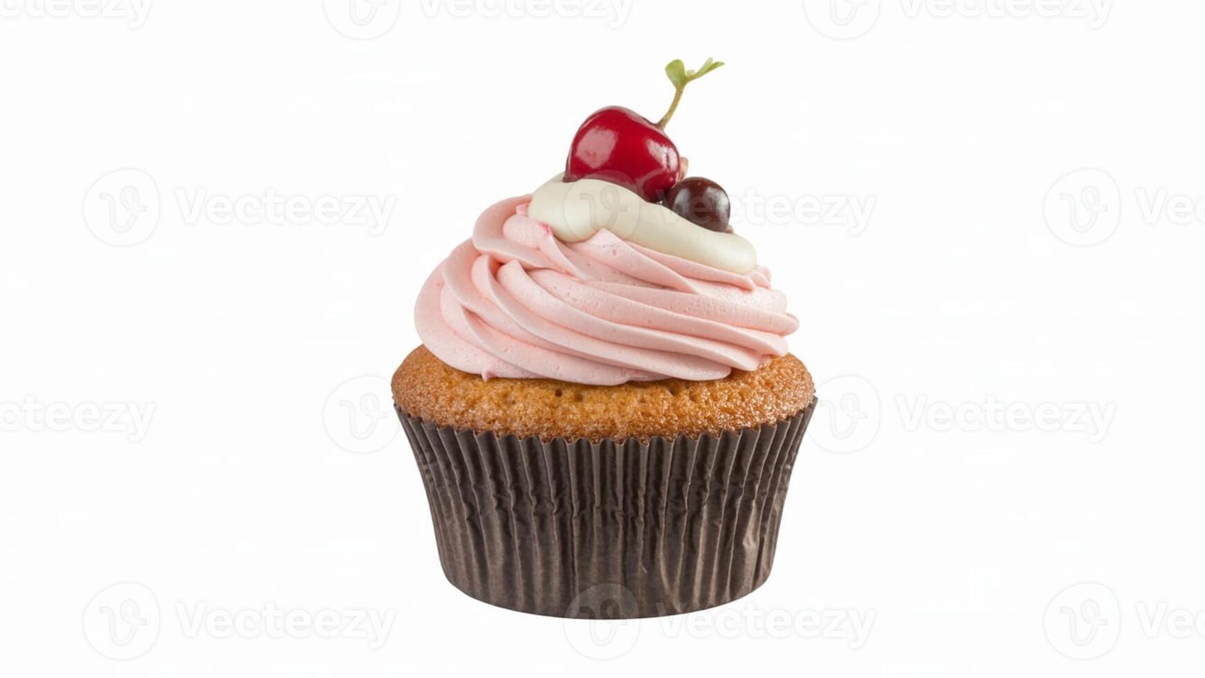 A close up of a cupcake with pink frosting and a cherry on top on white background photo