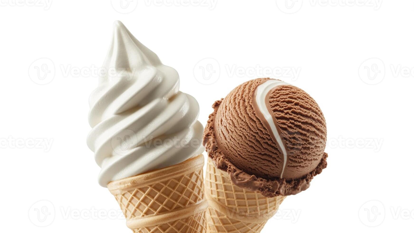 Two ice cream cones one with vanilla soft serve and one with chocolate ice cream photo