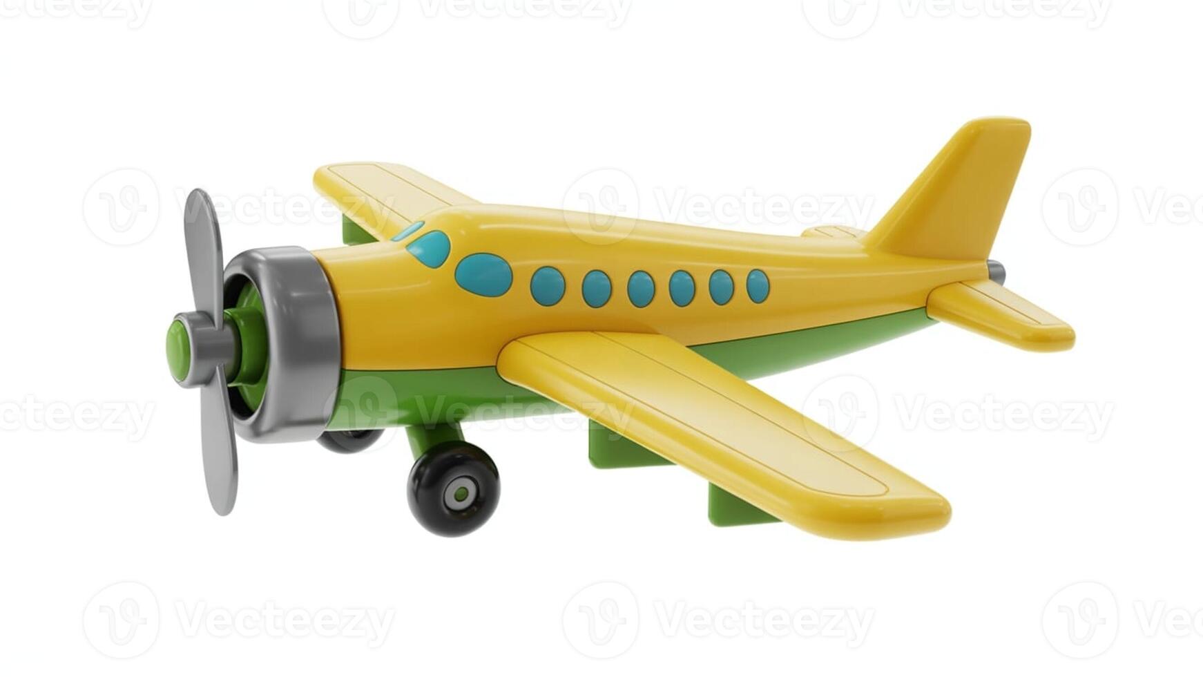 A yellow and green toy airplane with blue windows on a white background close up photo