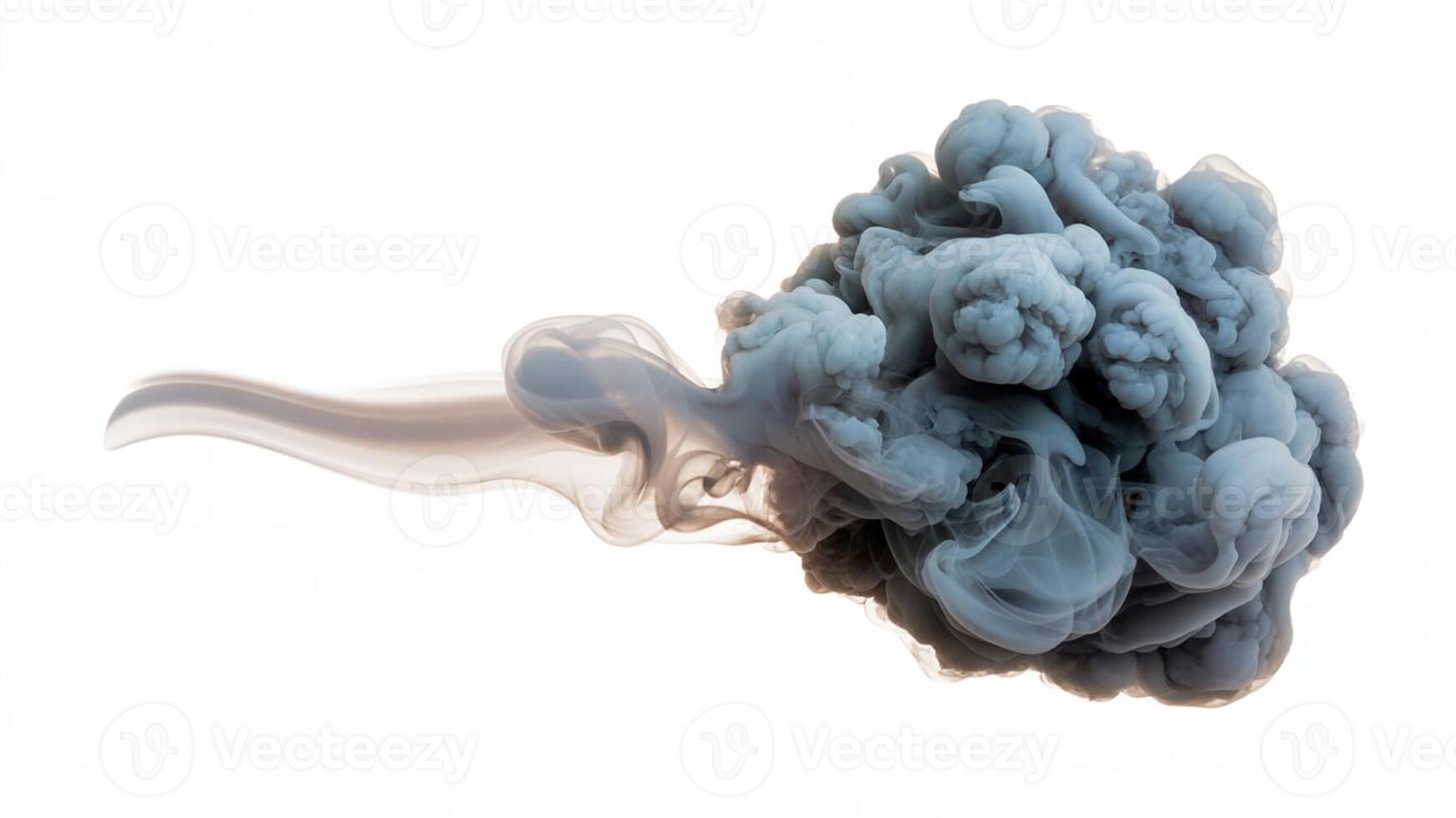 A cloud of gray smoke or pigment spreading out in water against a white background photo