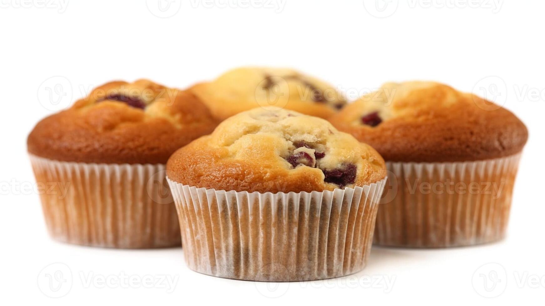 A group of four muffins with white paper liners on a white surface in a studio setting shot photo