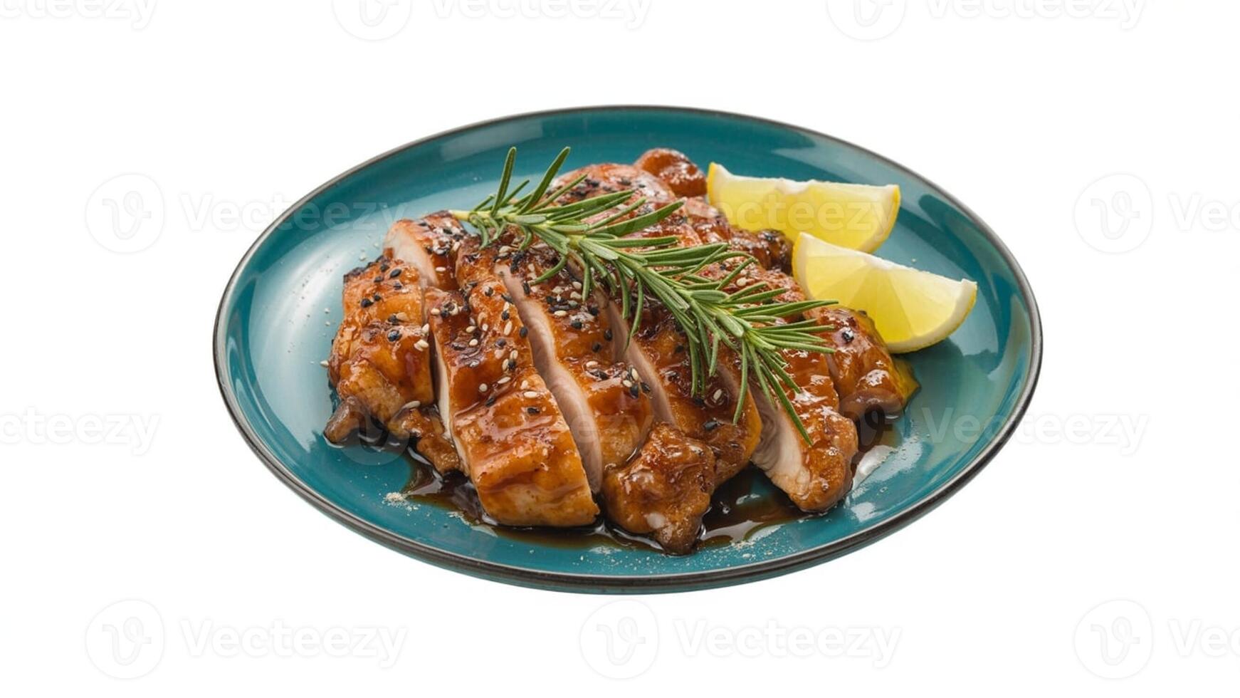 Sliced glazed chicken with rosemary and lemon wedges on a teal colored plate photo