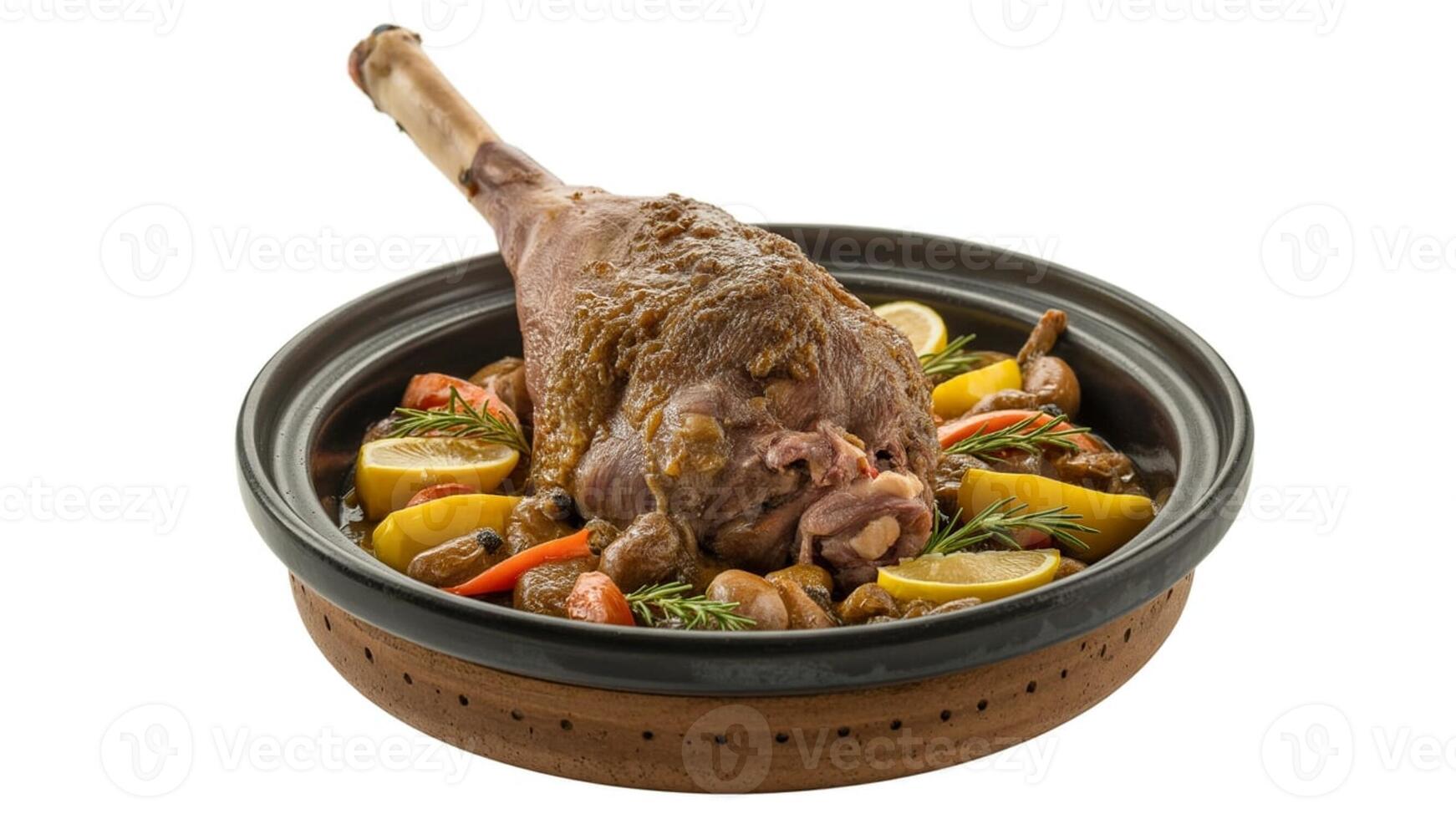 Isolated lamb leg with lemon and vegetables in a ceramic bowl on a white background photo