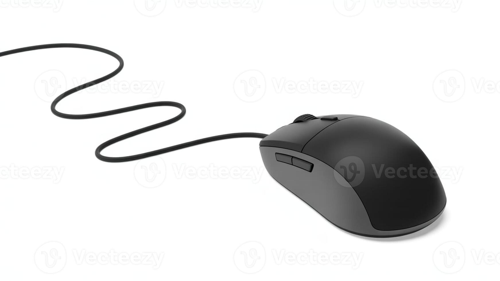 Close up of a wired computer mouse with a black cable on a white background photo