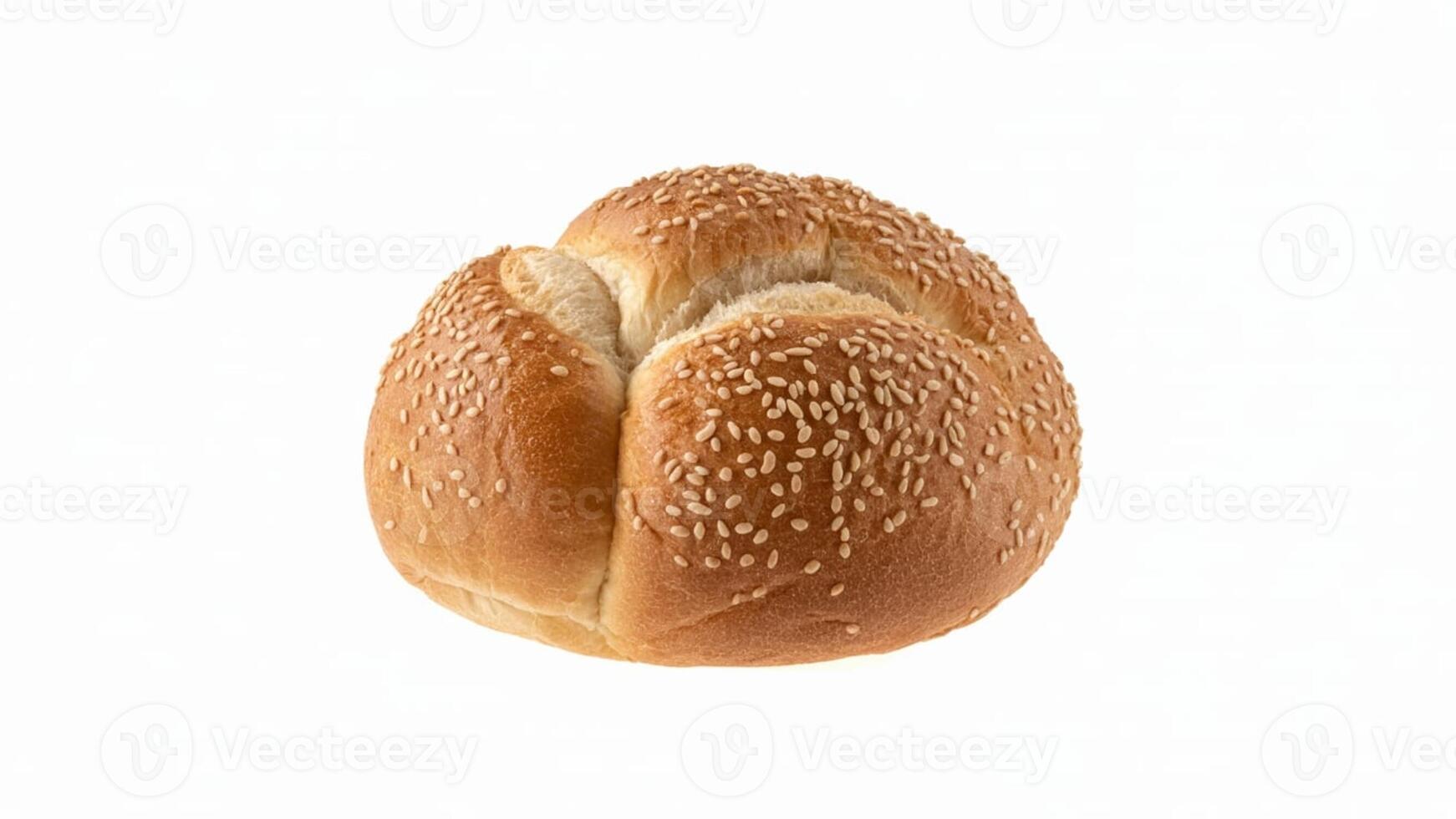 Close up shot of a single kaiser roll with sesame seeds on a white background photo