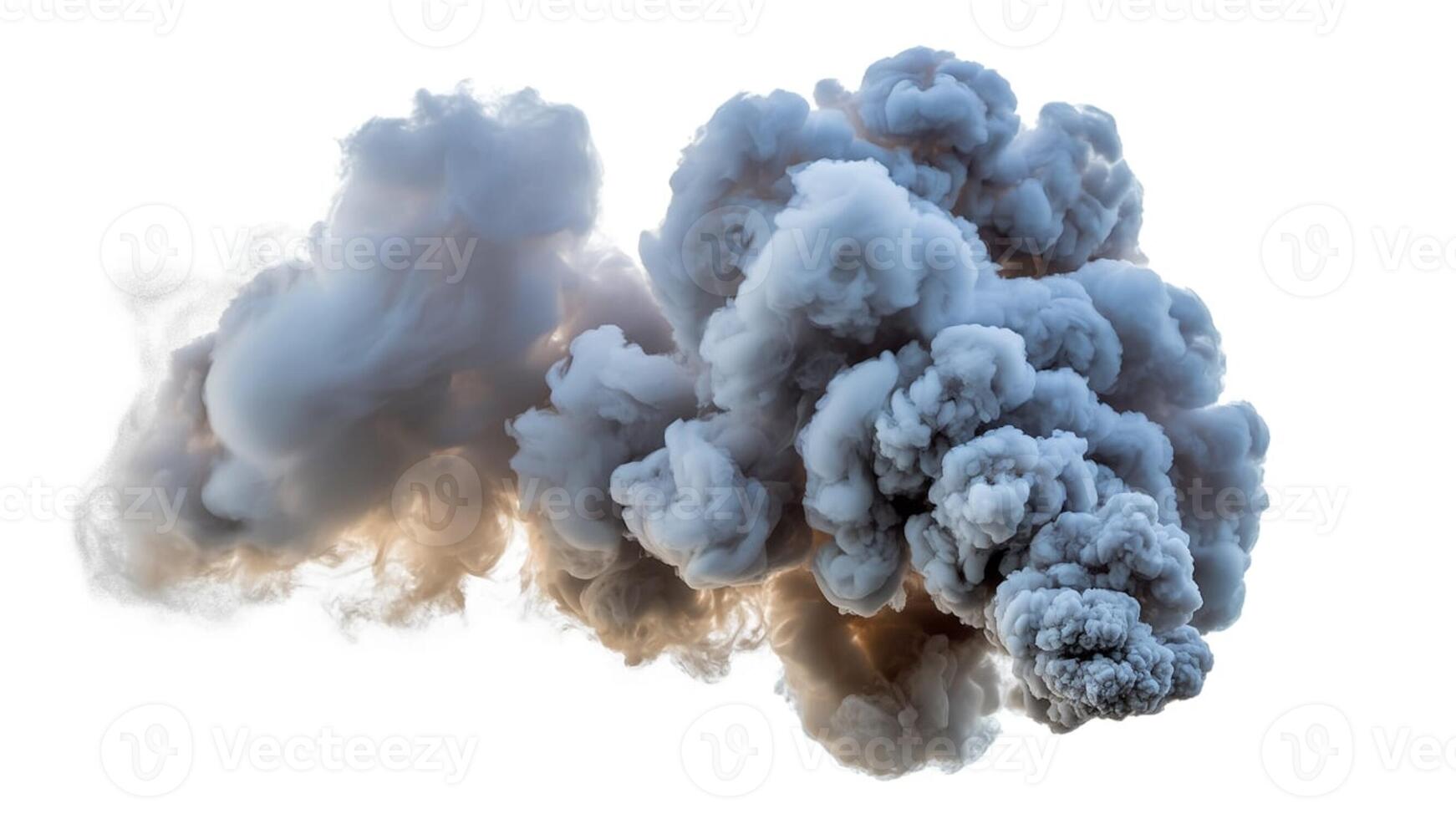 A large plume of gray smoke billowing against a stark white background image view photo