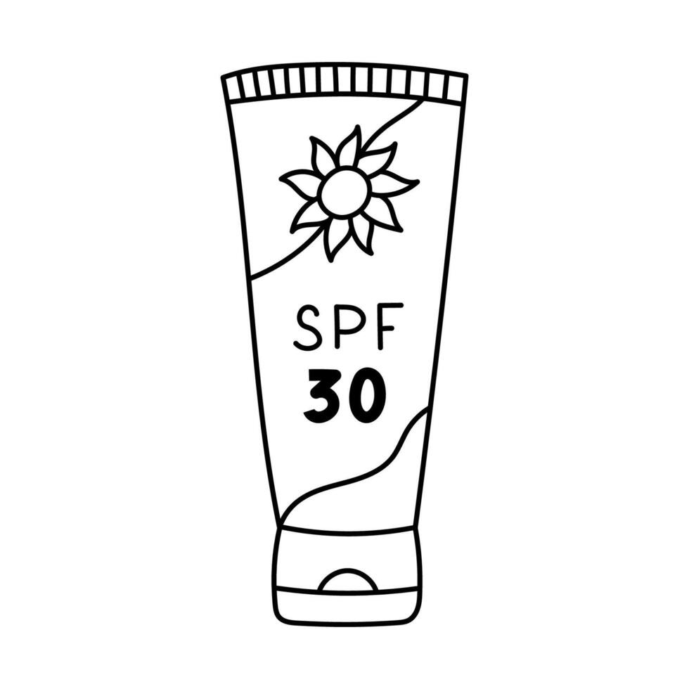 Lovely sketch sunblock cream tube with SPF 30 for sun safety, prevention cancer. Childish hand drawn protective cream for summertime vacation and hot weather. Sunscreen doodle isolated on white. vector
