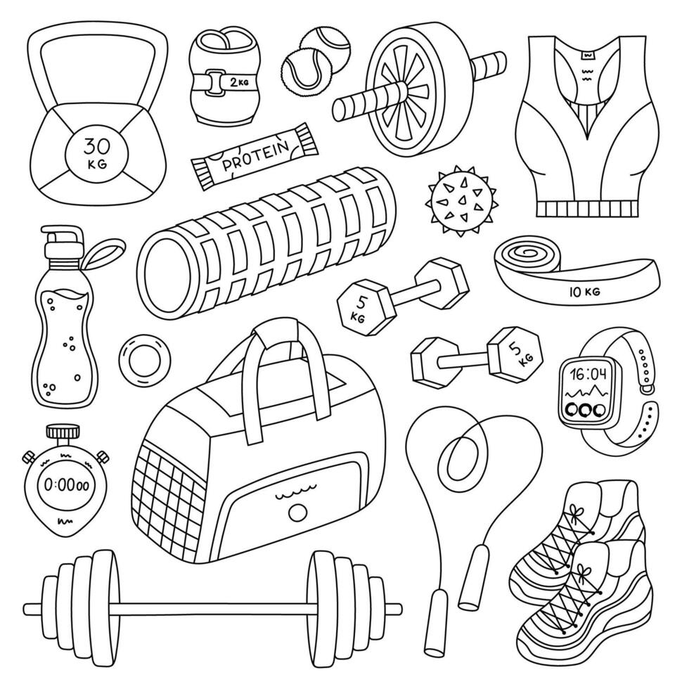 Big lovely fitness black and white doodle set with inventory for pilates, powerlifting, workout. Hand drawn sport collection with heavy dumbbell, barbell, abs, foam roller, sneakers isolated on white. vector