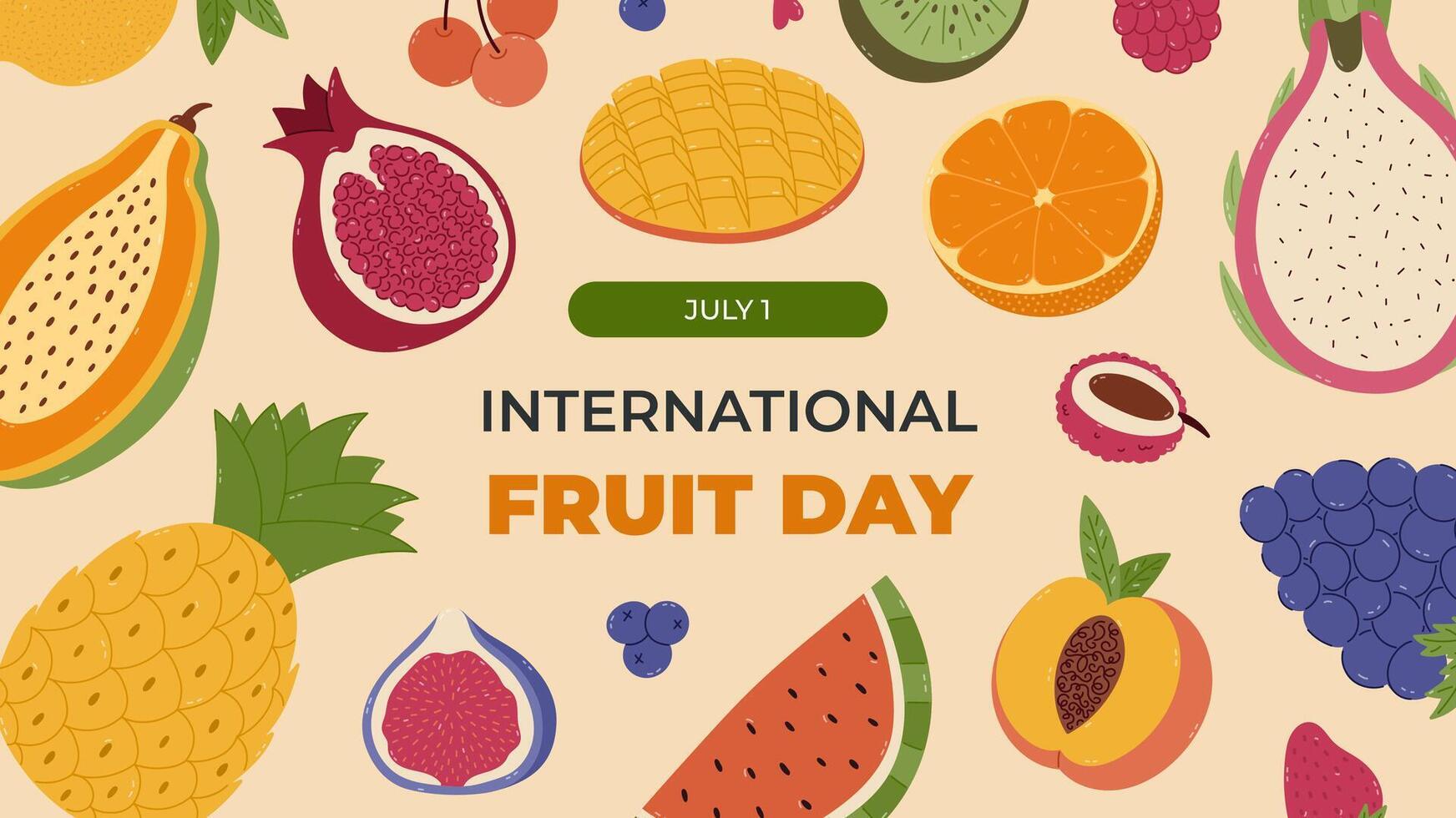 Horizontal vibrant banner for International Fruit Day with cartoon clipart of exotic juicy fruits and berries. Colourful holiday poster, website banner, social media post with pineapple, cherry, kiwi. vector