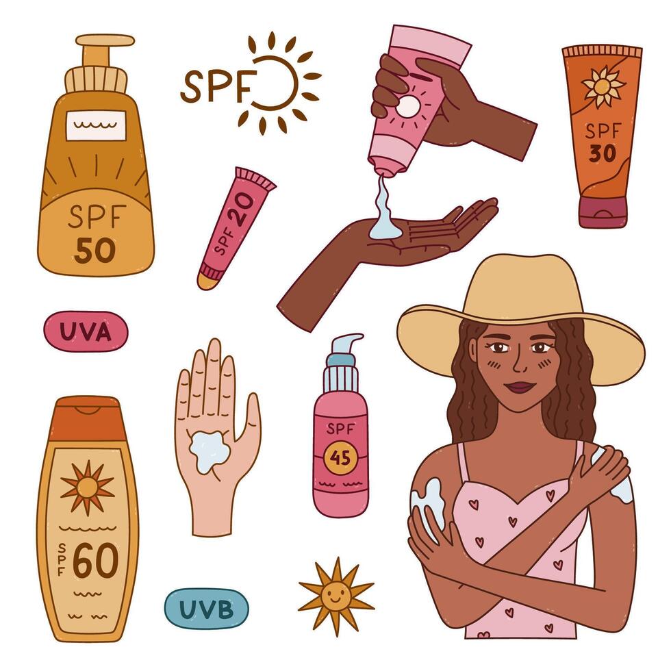 Sunscreens and SPF products illustration vector