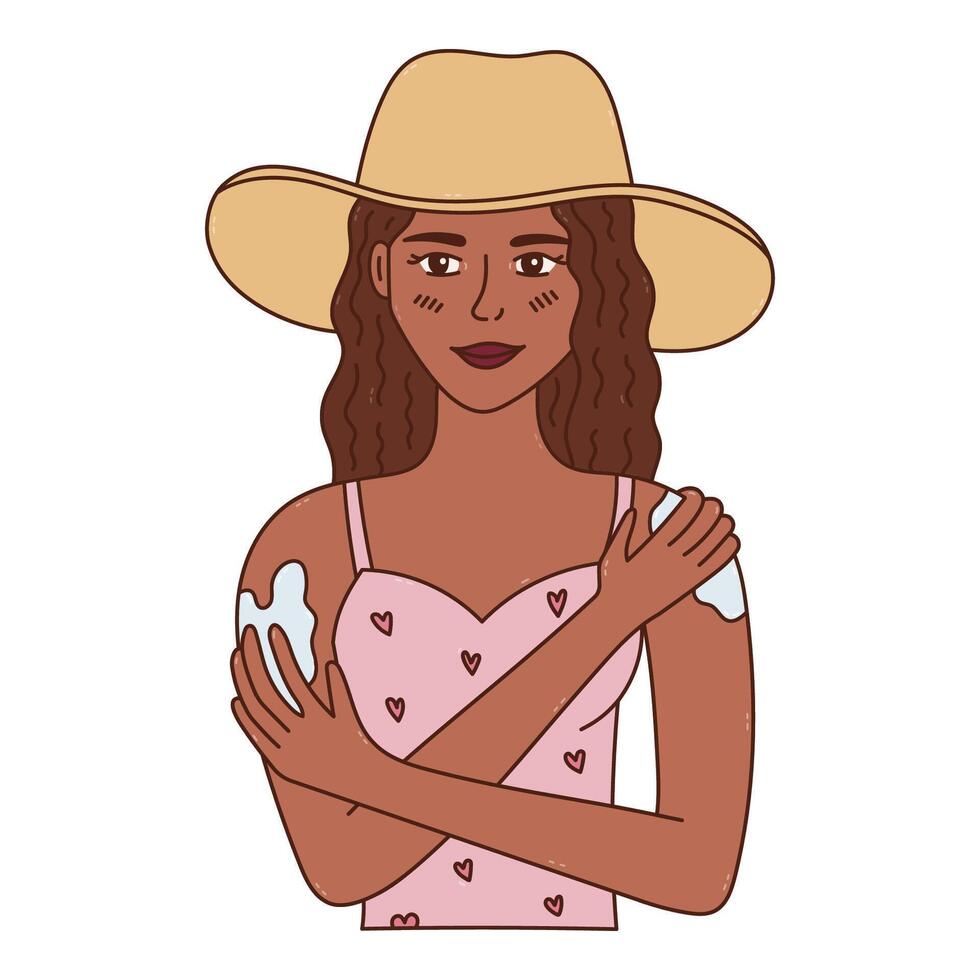 Lovely cartoon doodle girl in hat and summertime apparel applying sunscreen on shoulders. Hand drawn line lady protect skin from sunbeam and ultraviolet rays isolated on background. Sunblock concept. vector