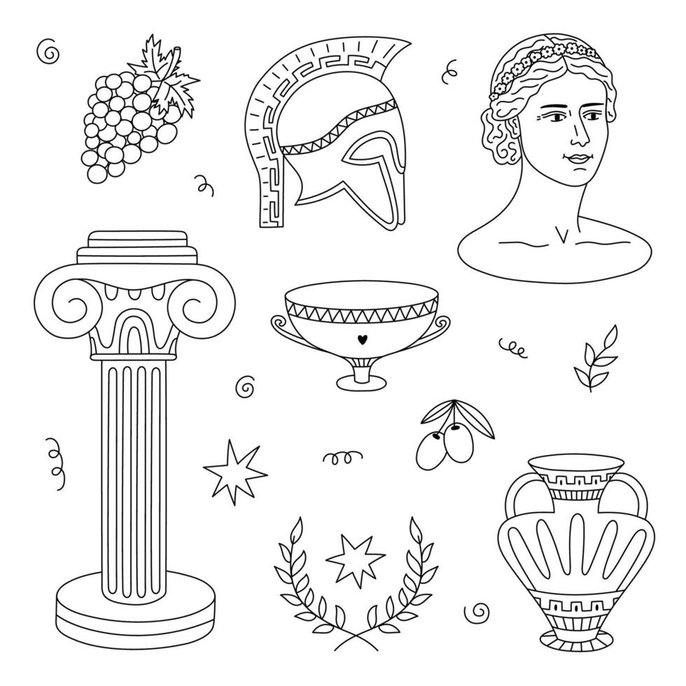 Lovely sketch set with historical Greek symbols, marble sculpture and column, aged vase, roman helmet, laurel wreath. Hand drawn trendy classical Greece outline doodle for social media, design, print. vector