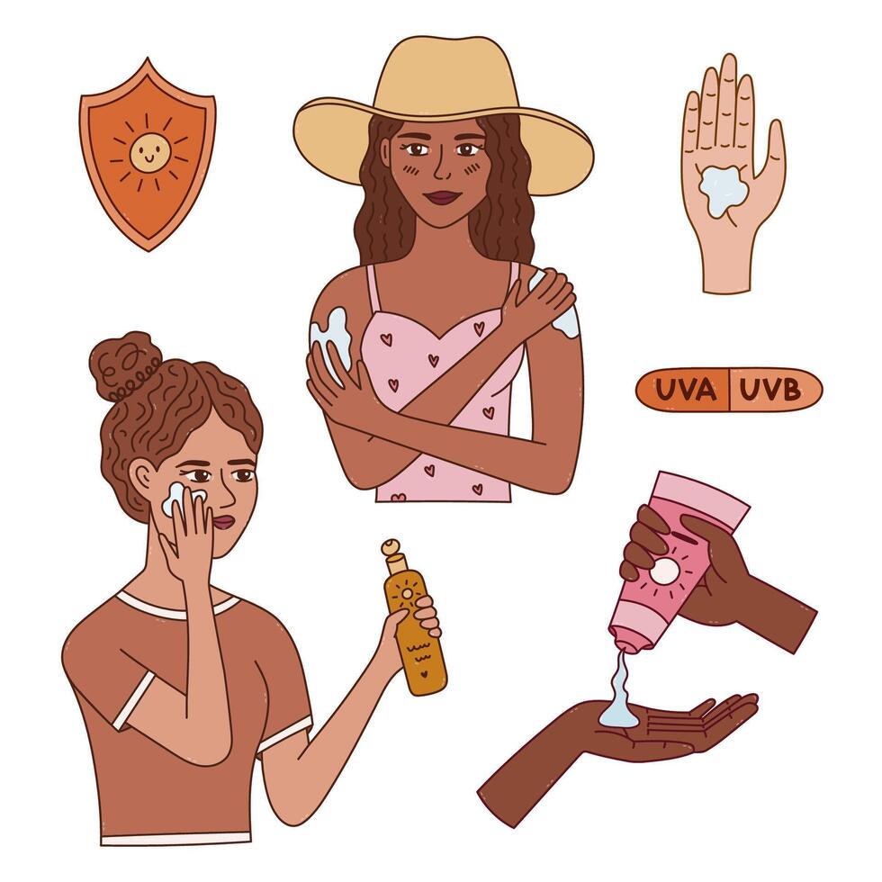 Illustration of sun protection products and users vector