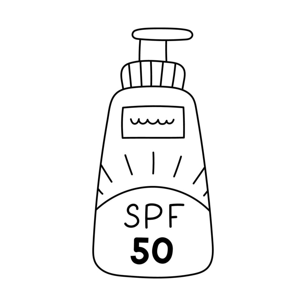Lovely black and white SPF 50 cream with pump and label. Cute hand drawn sunblock for vacations, weekends at the beach. Sun and ultraviolet rays protection line doodle isolated on background. vector