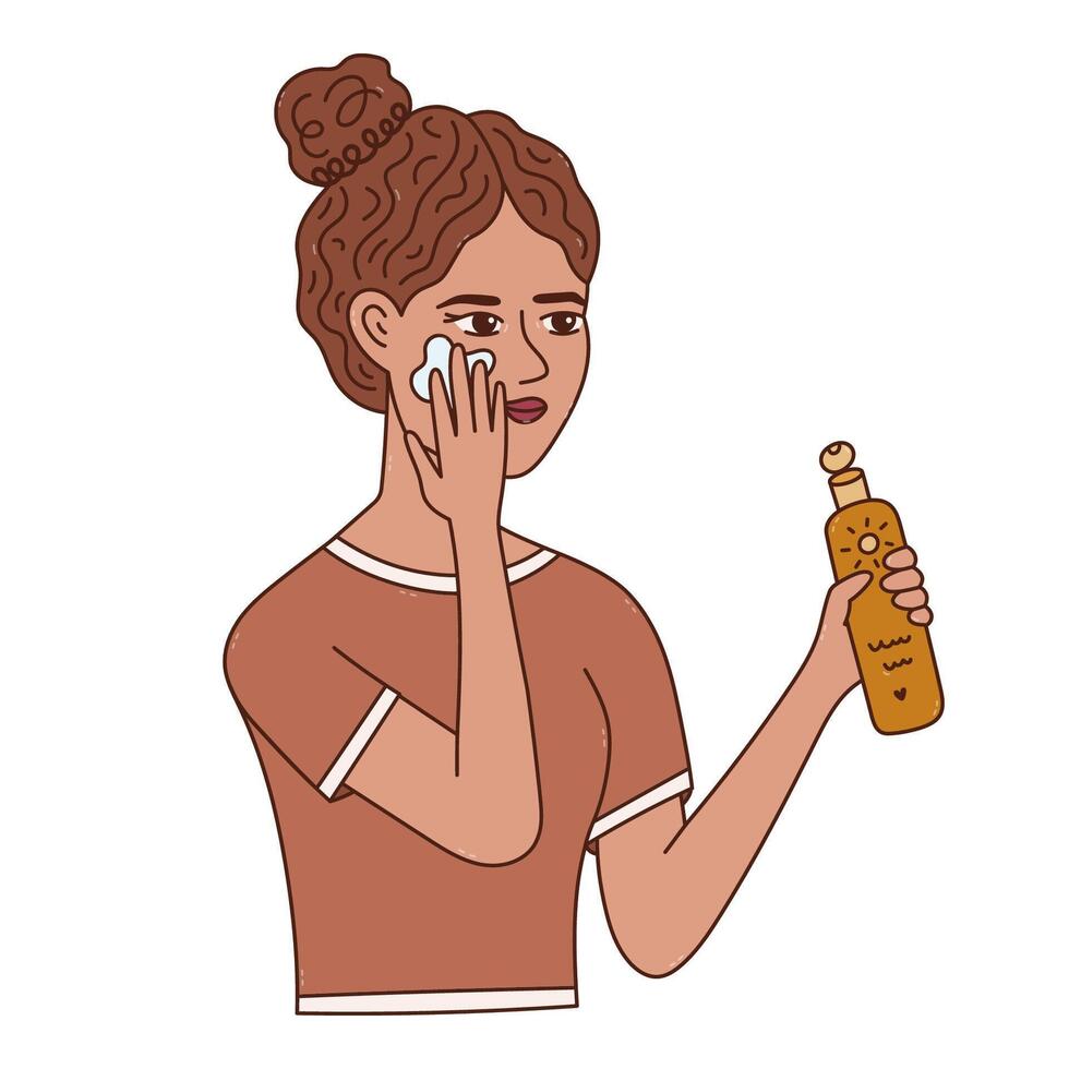 Colourful line lady holds lotion of sunblock and apply it on face. Lovely hand drawn young woman defend skin from dangerous ultraviolet rays, cancer and aging. Skin care doodle isolated on white. vector