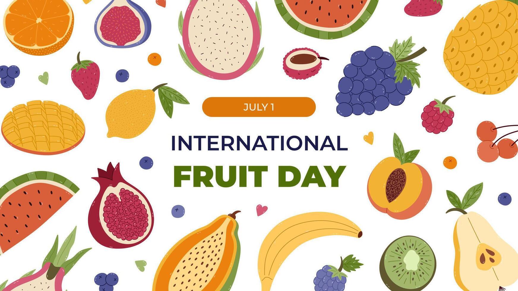 Horizontal colourful banner for International Fruit Day with summertime fruits and berries cartoon clipart. Holiday poster, website banner, social media post with peach, lemon, bananas, orange. vector