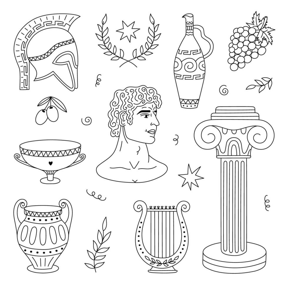 Lovely black and white set of medieval Greece symbols, classical sculpture, pillar, ornate jars, spartan helmet, musical lyre, grape. Hand drawn trendy ancient Greek doodle for design, media, print. vector