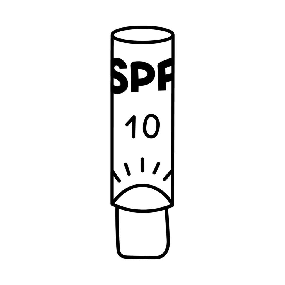 Lovely sketch lipstick with SPF 10 and sun icon on label. Simple hand drawn cosmetic tube for lips for sunbeam protection. Childish doodle of sunblock against sunburn isolated on white background vector