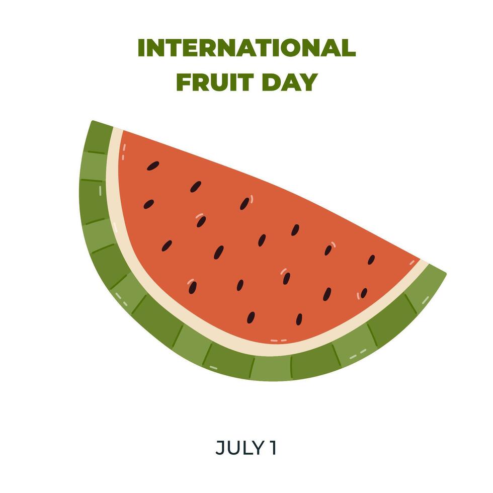 Square lovely banner for International Fruit Day with cartoon watermelon clipart. Minimalistic holiday poster, template for website, social media with tropical summertime fruit illustration. vector