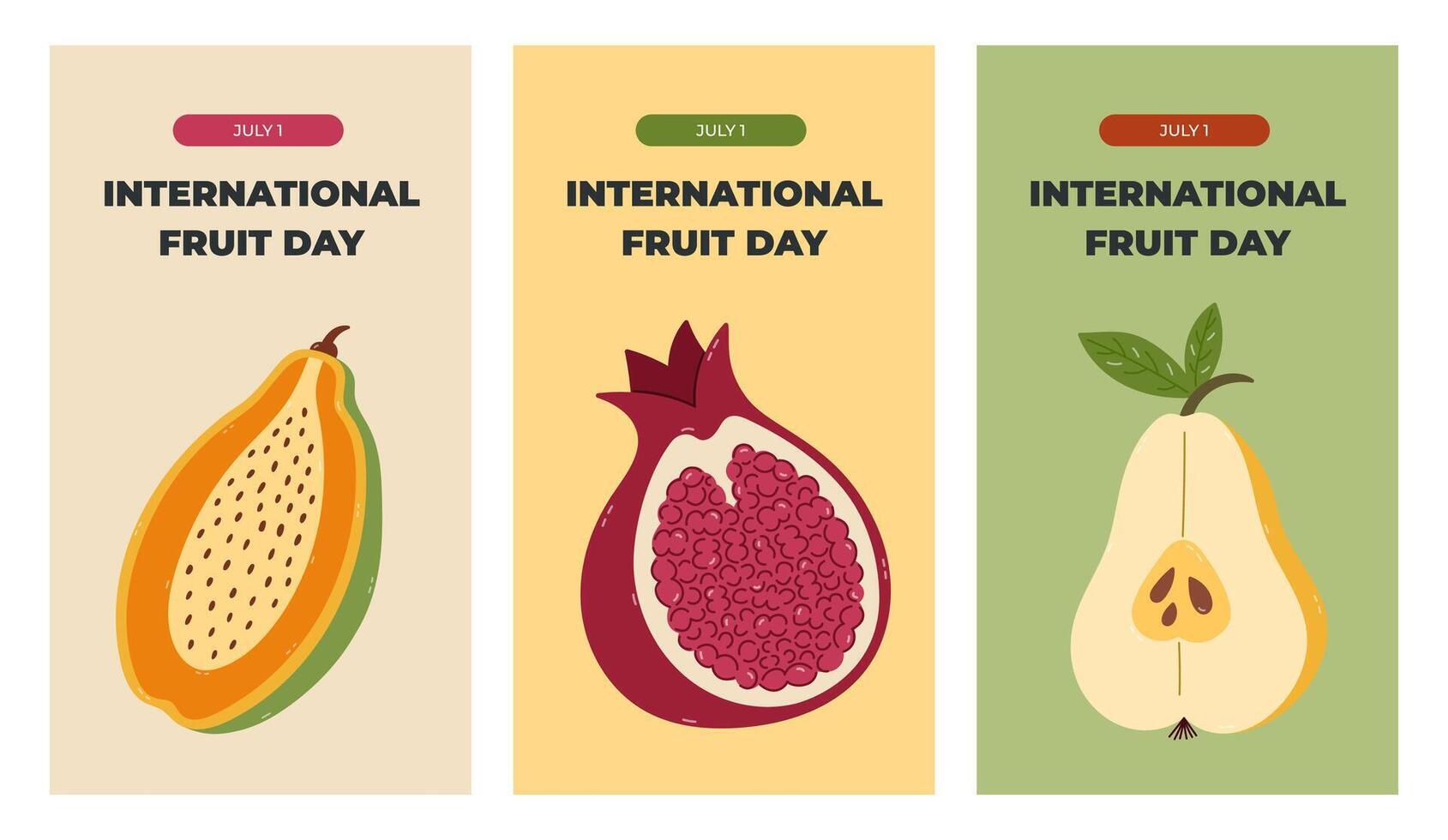 Vertical trendy set of stories for International Fruit Day with colorful cartoon clipart with summertime fruits. Greeting concept banner with juicy papaya, pomegranate, pear for social media. vector