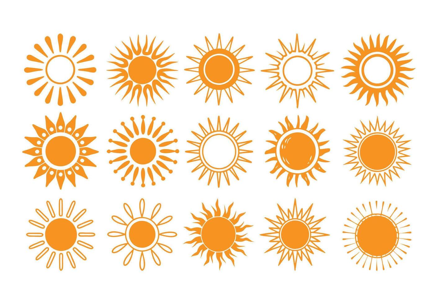 Variety of sun icons. Sun Icon Set. Flat Decorative Sun Symbols for Weather, Summer vector