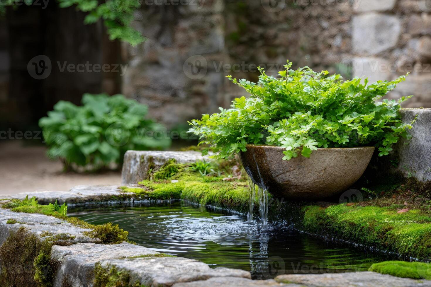 Water flowing from a stone pot with maidenhair fern into a small pond in a peaceful garden photo