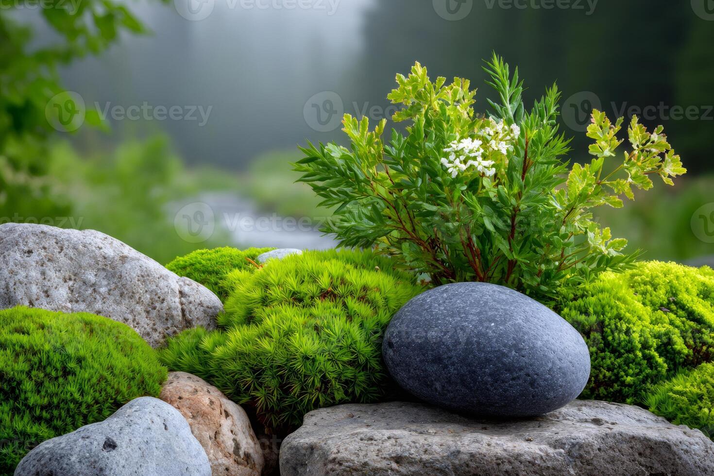 Flowering plant growing near smooth river stones and vivid green moss photo