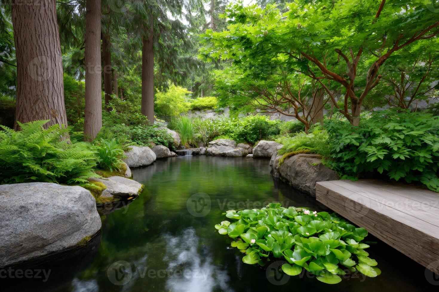 Beautiful pond with water lilies growing in a peaceful green garden photo