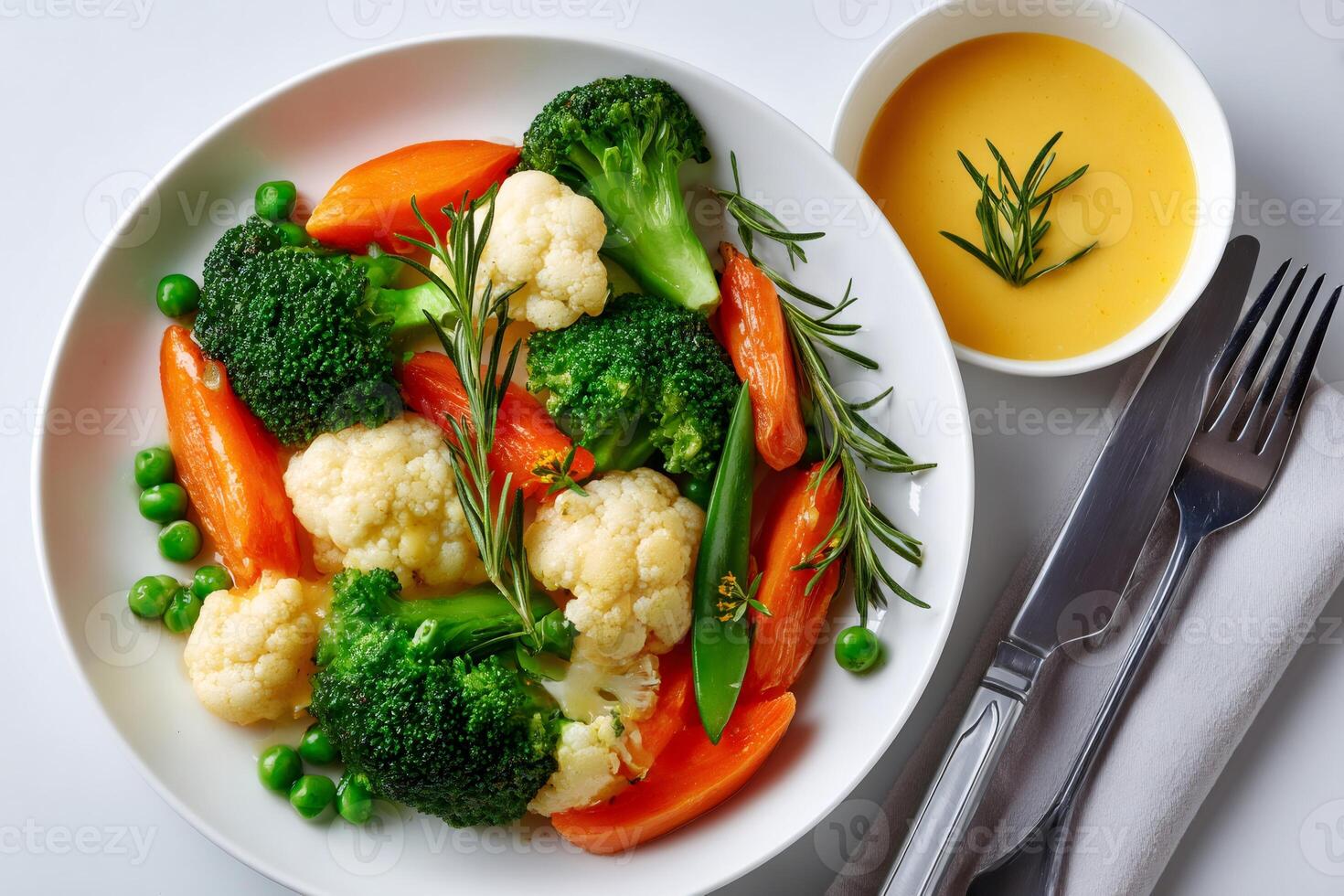 Steamed vegetables with rosemary and dipping sauce promoting healthy eating habits photo
