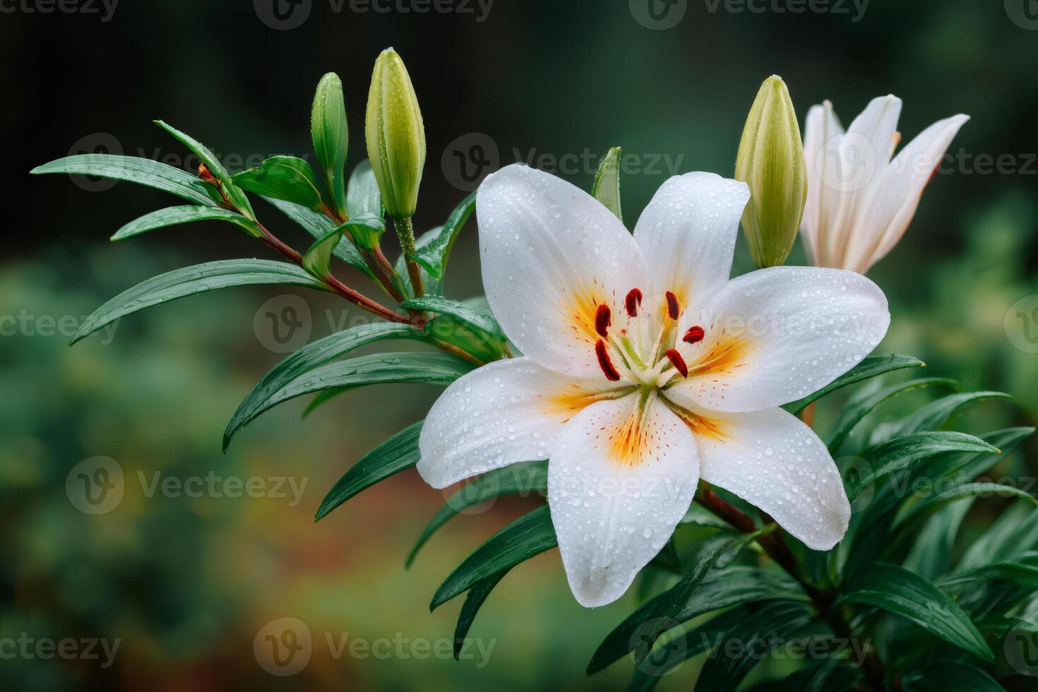 White lily flower blooming in spring garden with water drops photo