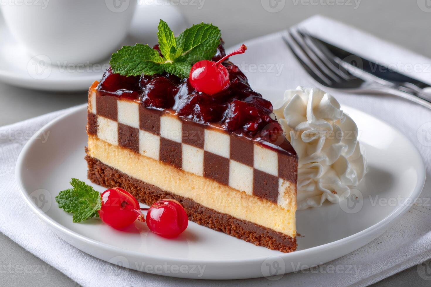 Checkerboard cheesecake with cherries mint and whipped cream topping photo