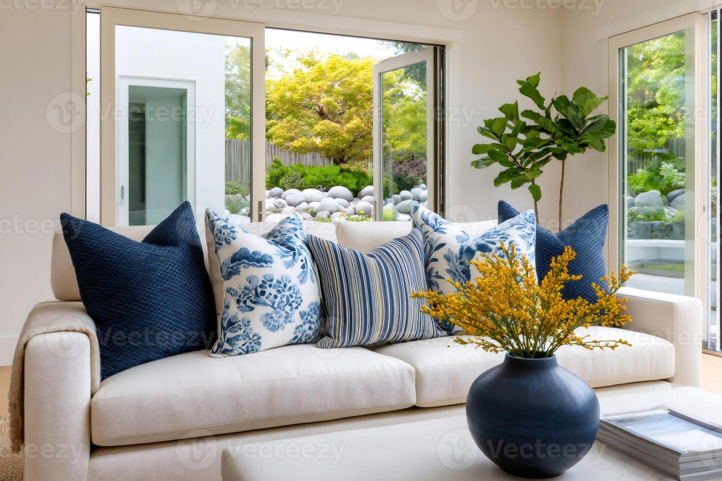 White sofa with blue cushions illuminating modern living room overlooking garden photo