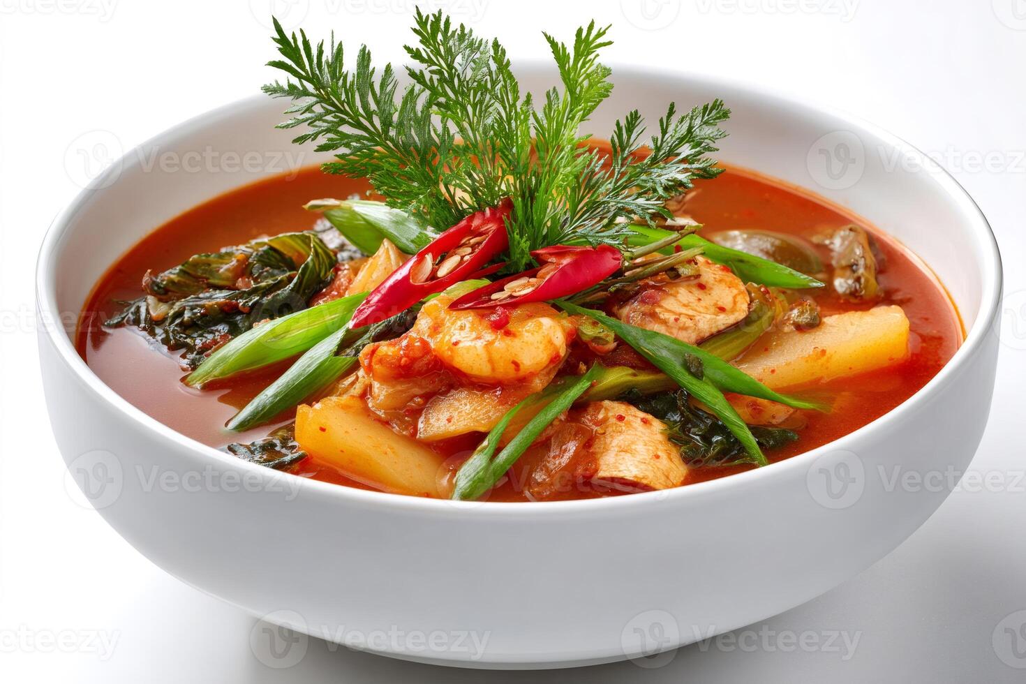 Korean kimchi jjigae soup with shrimps, tofu, potatoes and herbs photo