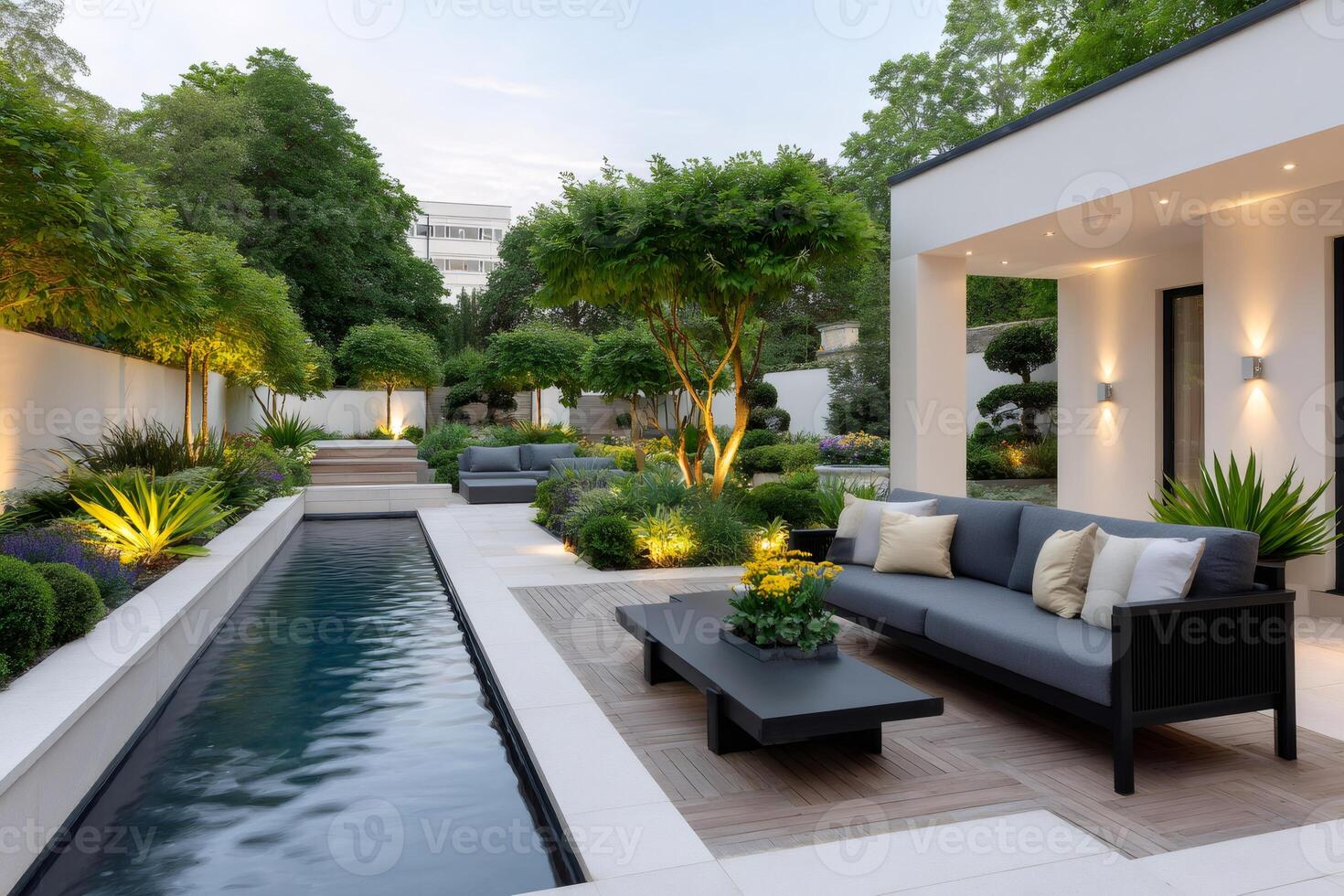 Modern garden with lap pool, sofa and illuminated plants at dusk photo
