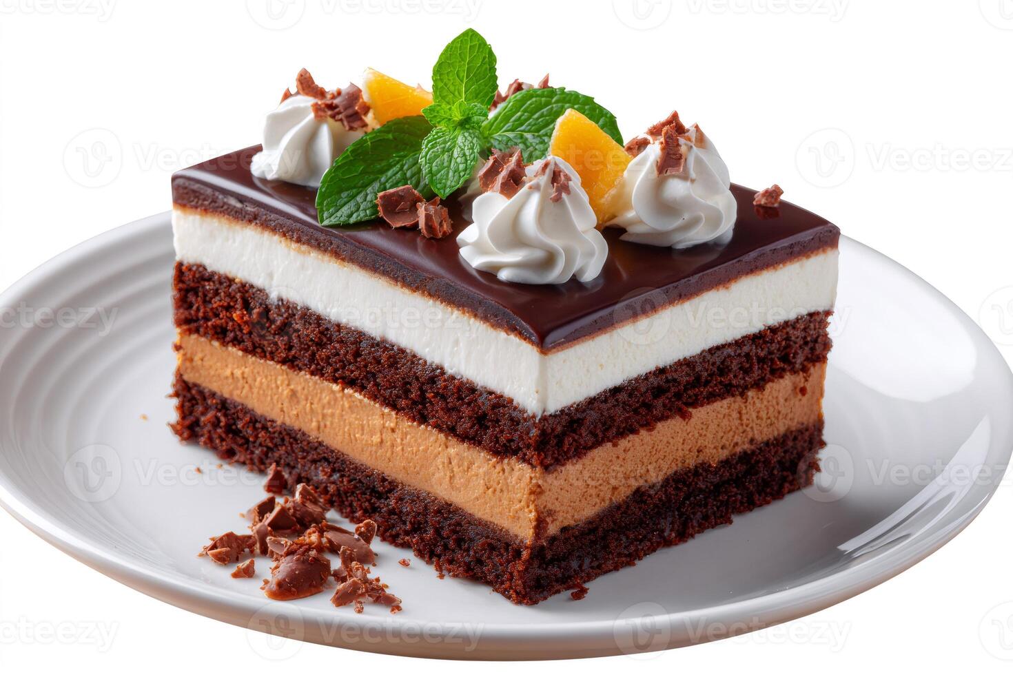 Delicious chocolate cake slice with layers of cream and biscuit decorated with mint and orange photo