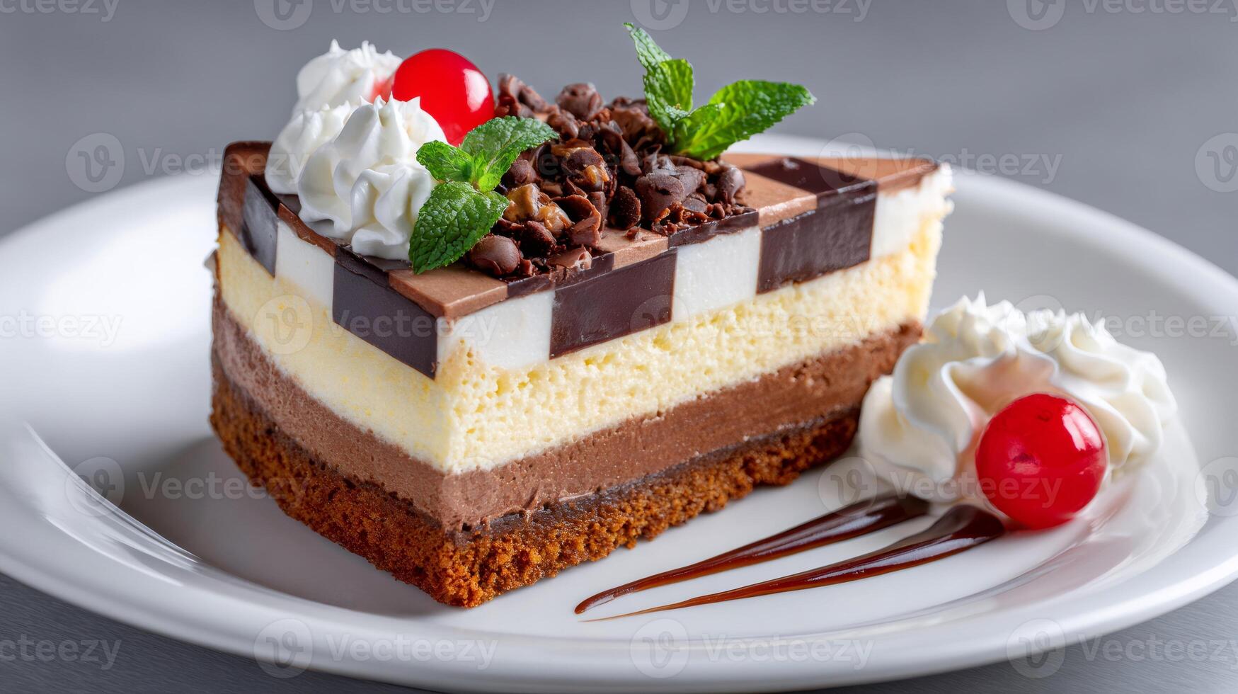 Delicious slice of layered cheesecake with chocolate and whipped cream topping resting on white plate photo