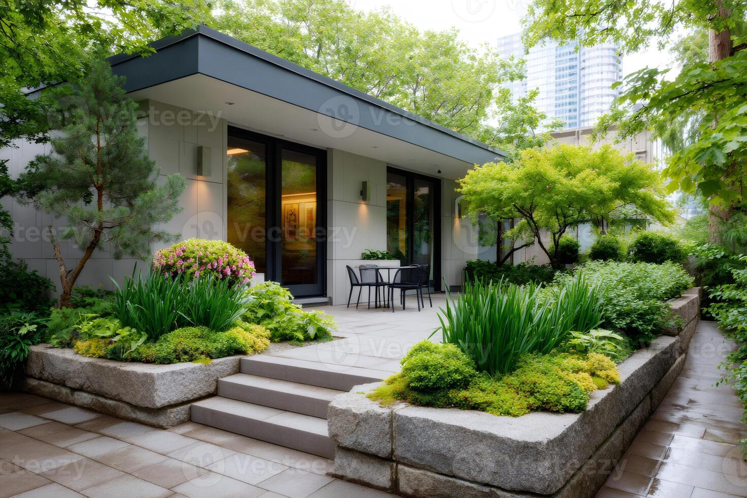 Modern house featuring a beautiful backyard garden with lush landscaping photo