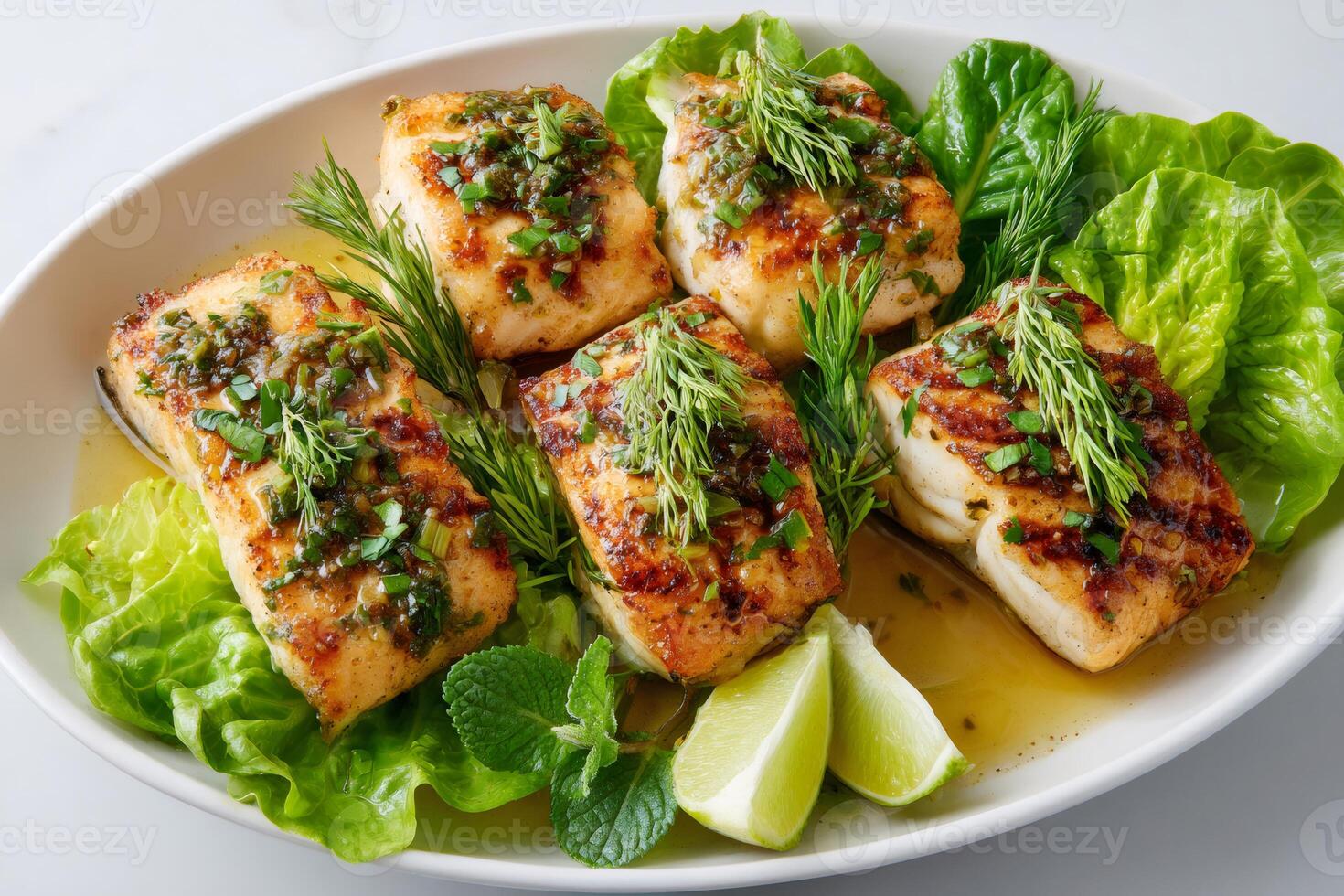 Grilled cod fillets with herb sauce, lime wedges, and fresh dill sprigs are served on lettuce photo