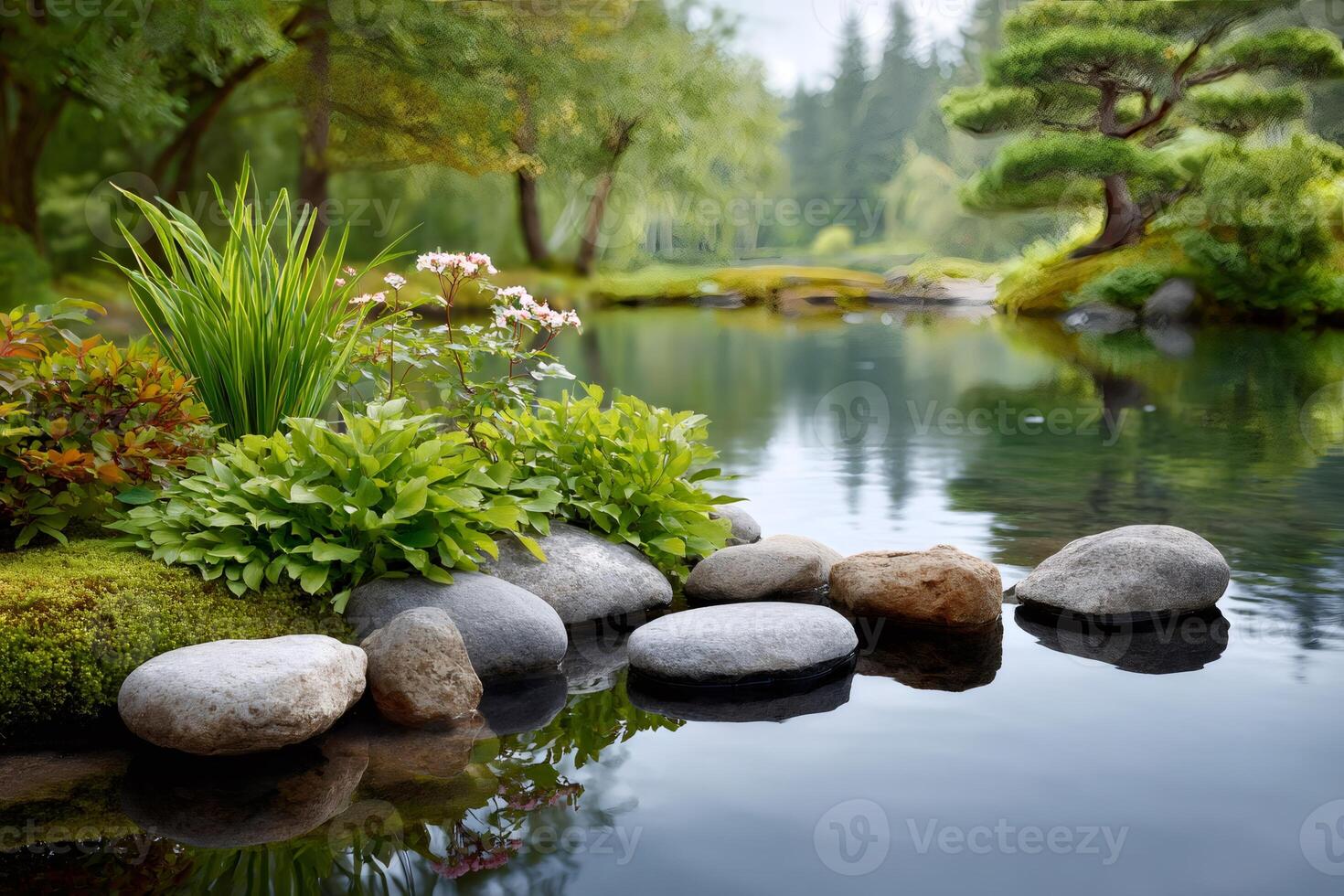 Tranquil scene with stepping stones, plants, and moss in a serene Japanese garden photo