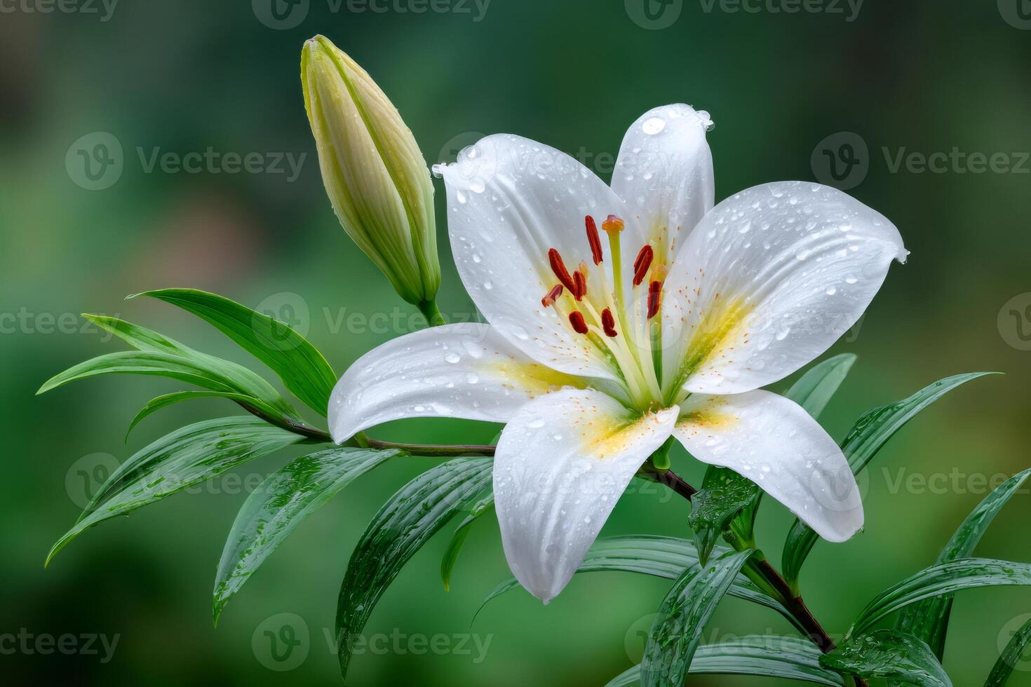 White lily flower blooming in spring with water drops photo