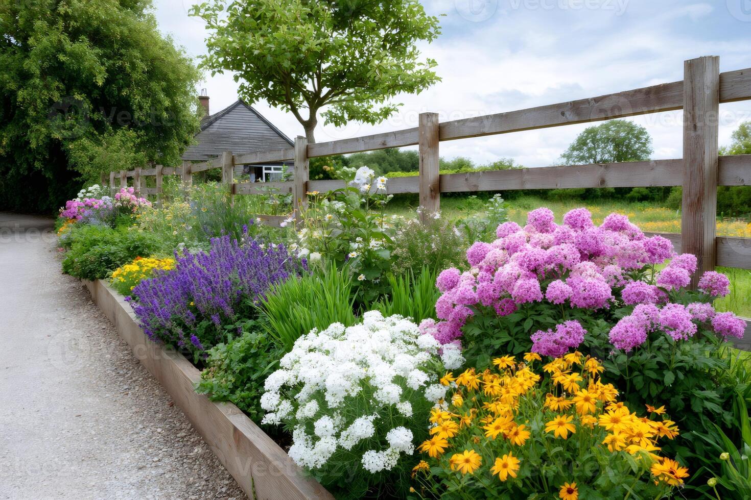 Colorful flowerbed growing by wooden fence in a garden photo