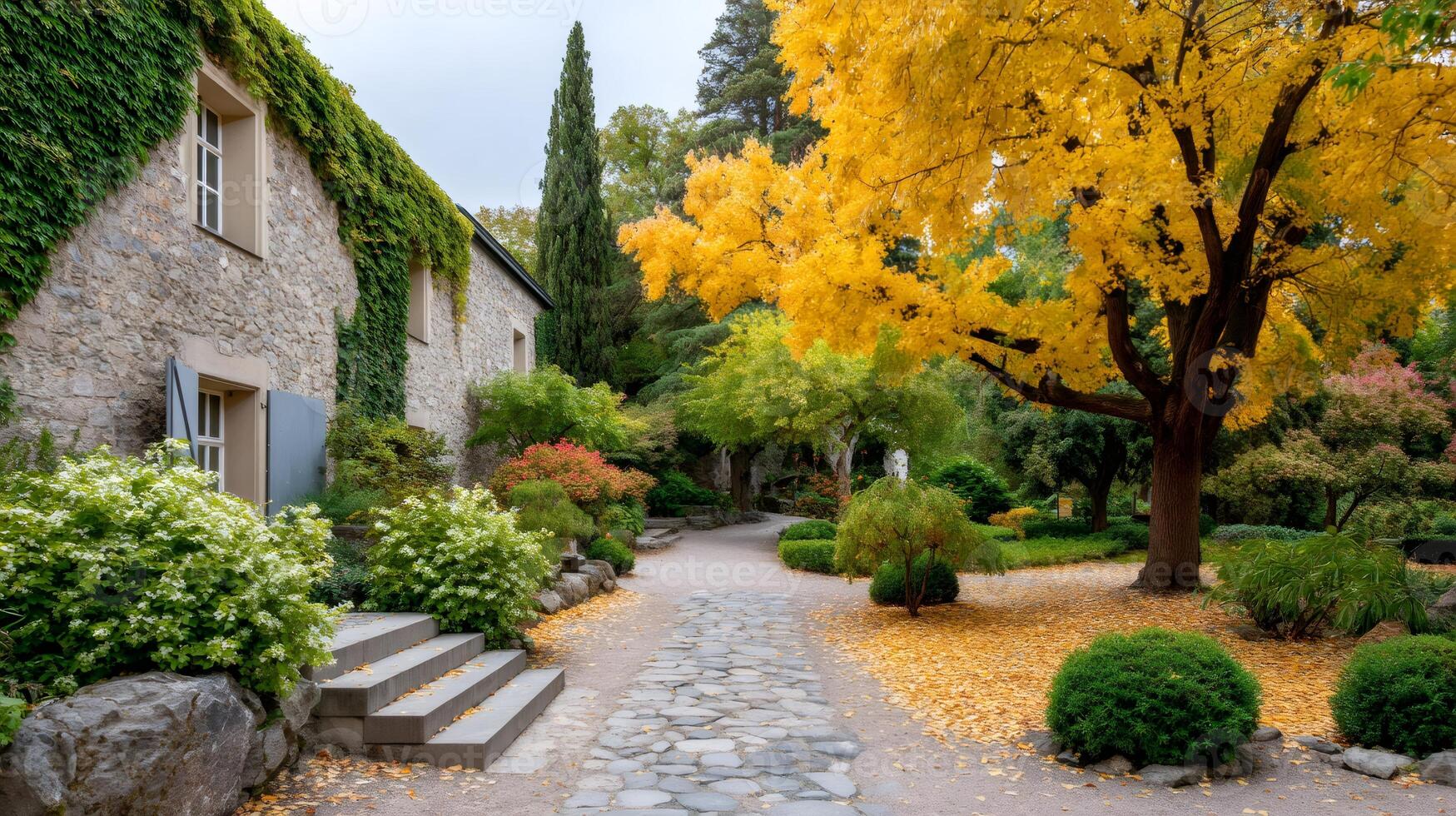 Stone house with ivy and golden autumn tree in peaceful garden photo