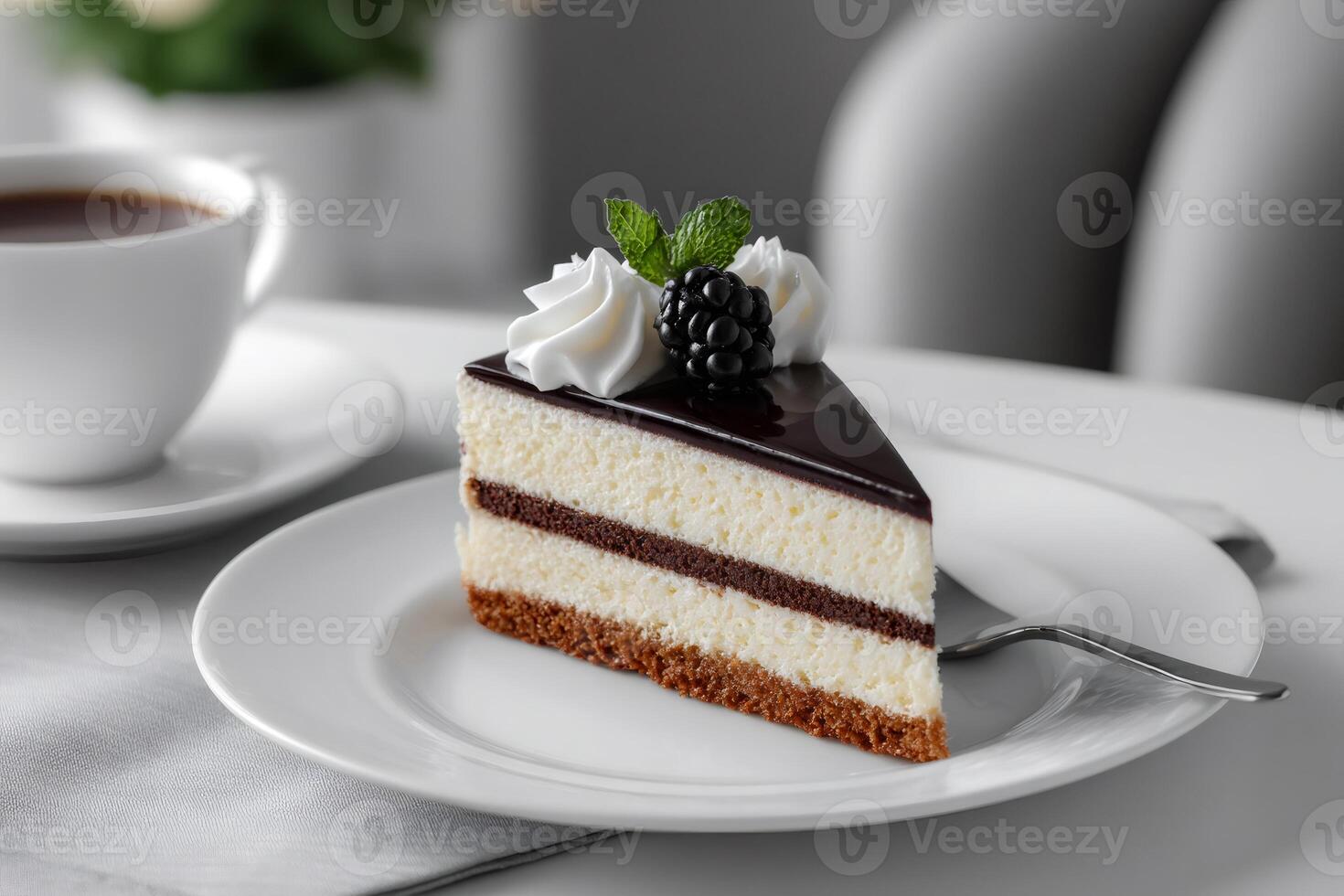 Delicious cake with chocolate topping, whipped cream and berries decorating it, served on white plate photo