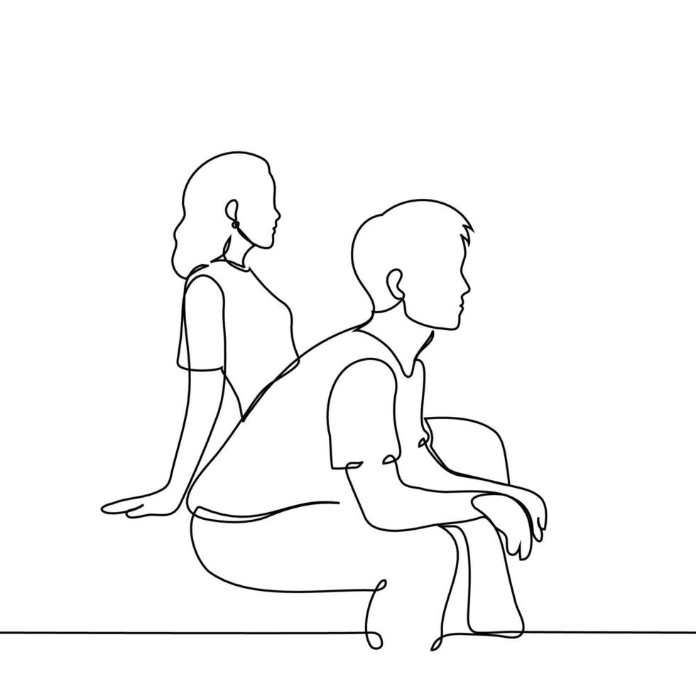 man and woman sitting side by side in profile looking in the same direction - one line art . concept opposite-sex friends, siblings, silence together, quiet, quarrel vector