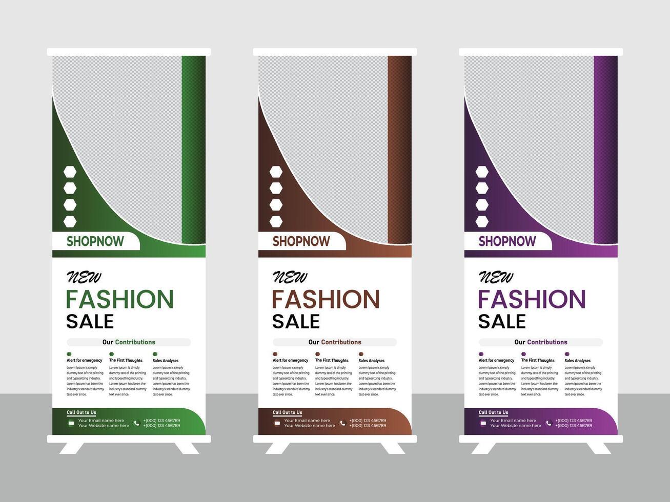 Stylish New Fashion Sale Roll-Up Banner Designs for Retail Stores, Featuring Modern Gradient Colors and Clean Layout vector