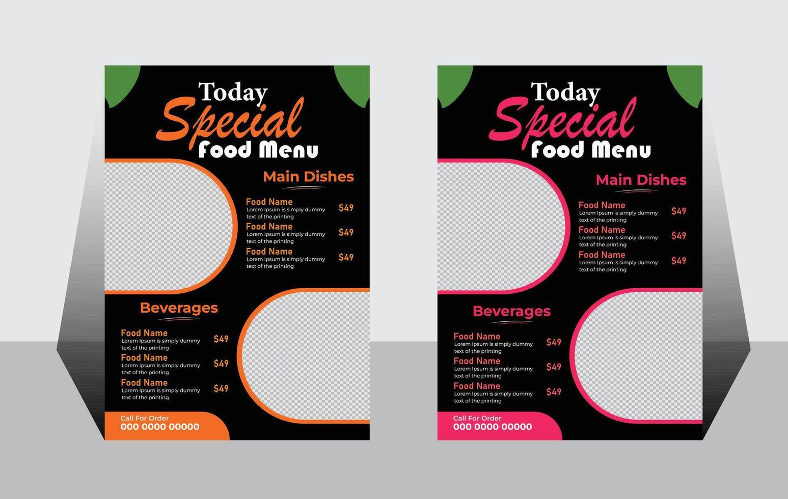 Stylish Todays Special Food Menu Designs for Restaurants, Featuring Appealing Black and OrangePink Color Schemes, Perfect for Tabletop Placement vector