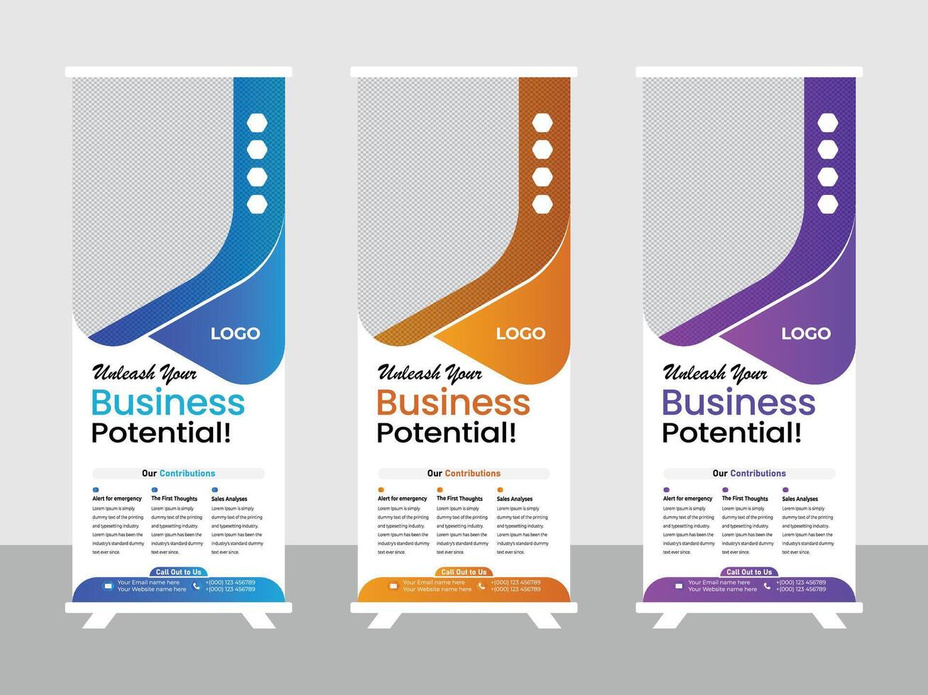 Modern Tri-Fold Roll Up Banner Design for Business Potential Unveiling, Vibrant Color Scheme - Professional digital artwork with vibrant colors and detailed composition vector
