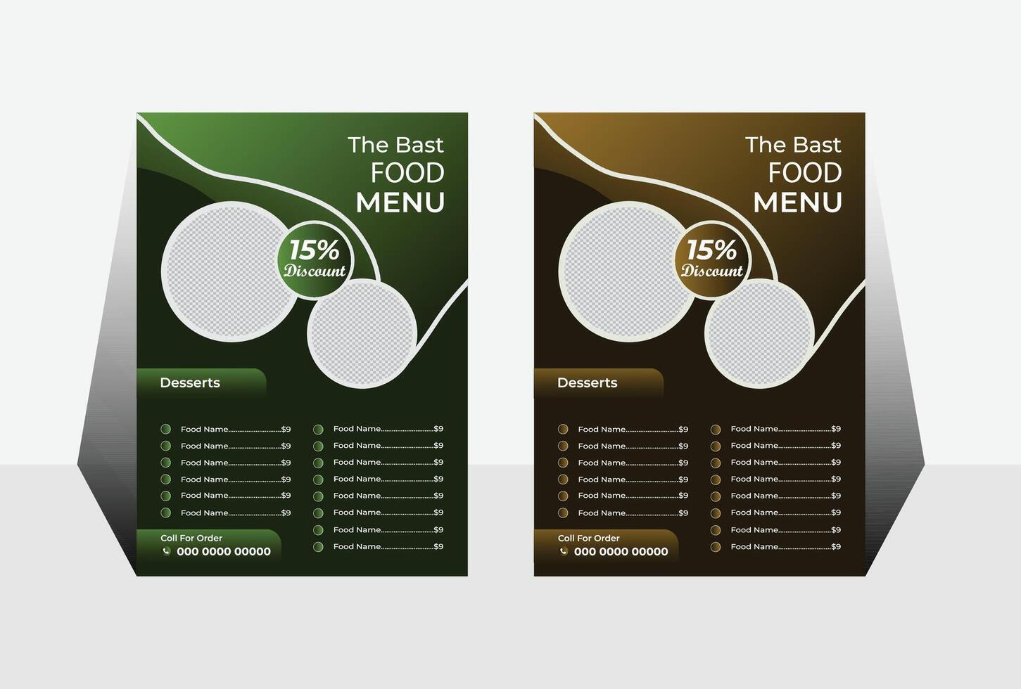 Elegant Restaurant Menu Template Design 15 Discount on Desserts, Green and Brown Options, Modern and Appealing vector