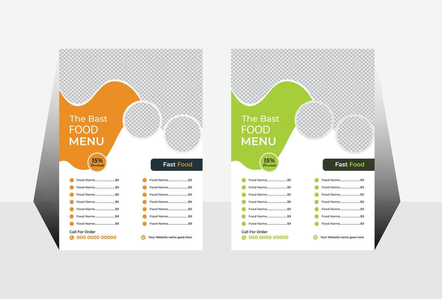 Appealing Modern Fast Food Menu Design Template with 15 Discount, Vibrant Colors, and Placeholders for Images vector
