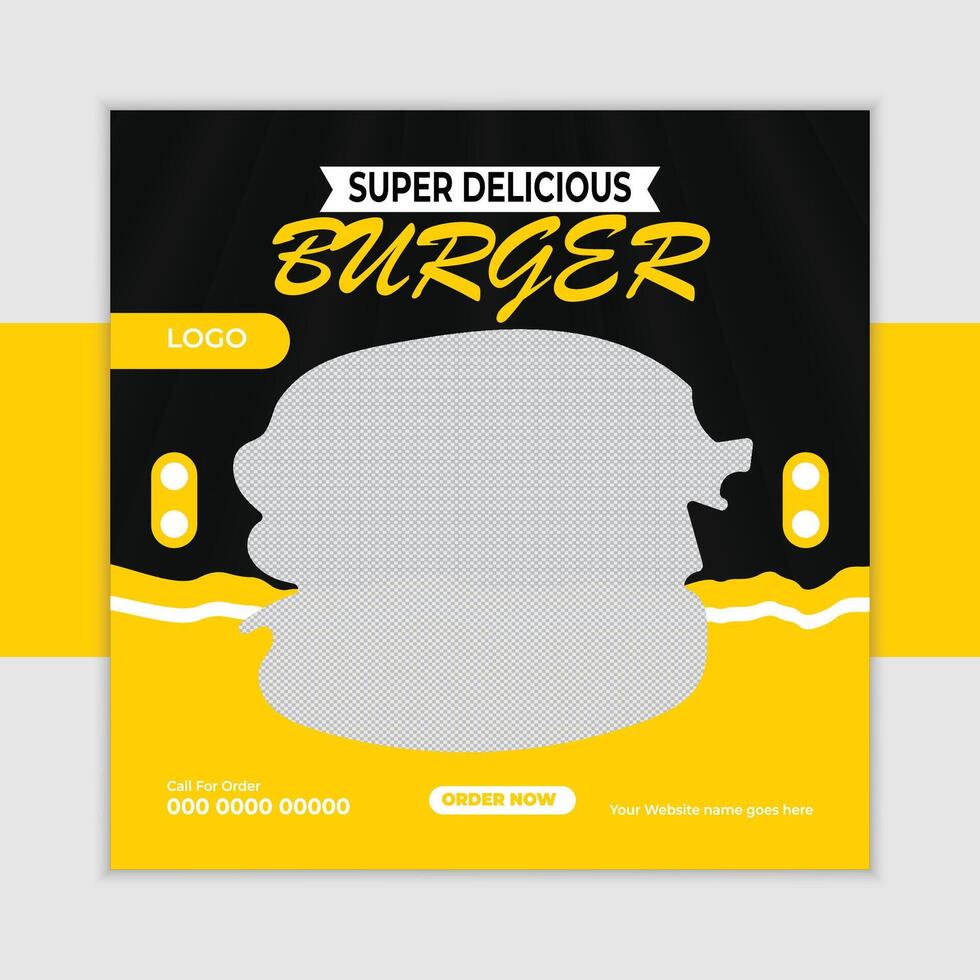 Order Now Super Delicious Burger Social Media Post Template Vibrant Yellow and Black Design for Appetizing Food Promotion vector